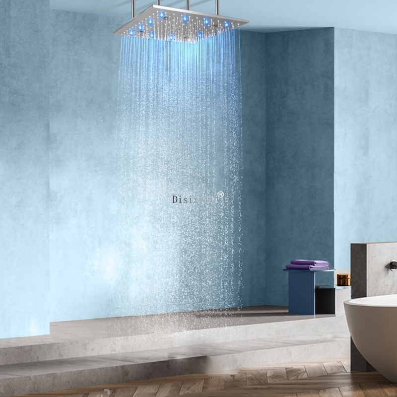 Sistema de cabezal de ducha cepillado de 16 pulgadas, mezclador de ducha de niebla de lluvia, instalación de techo LED de baño de acero inoxidable 304