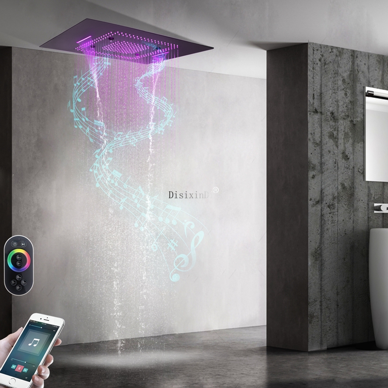 Cabezal de ducha LED en cascada con altavoces musicales, ducha de lluvia en el techo de 600x800mm, mezclador de ducha de baño con masaje en cascada