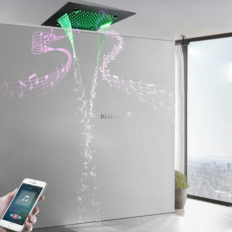 Cabezal de ducha LED para baño, 3 funciones, 500x500mm, negro mate, con altavoz musical, sistema de ducha en cascada