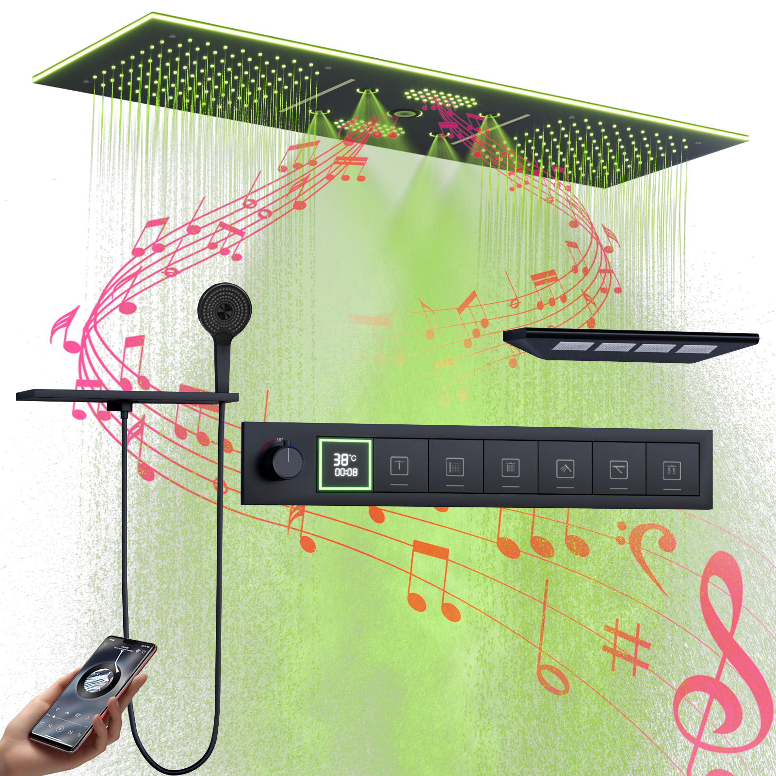 Negro empotrado 36*12 pulgadas música cabezal de ducha LED baño temperatura constante lluvia cascada cabezal de ducha masaje SPA