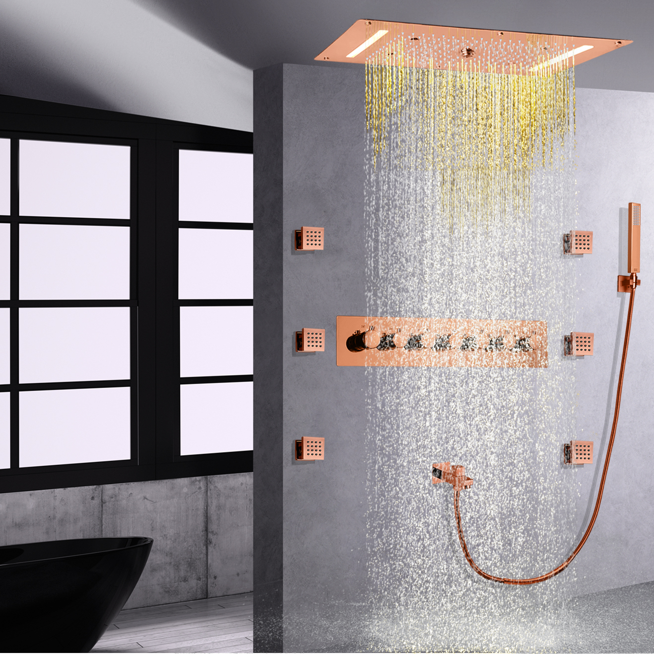 Mezclador de ducha de techo de baño integrado de oro rosa, conjunto combinado de caño de ducha de cascada de lluvia