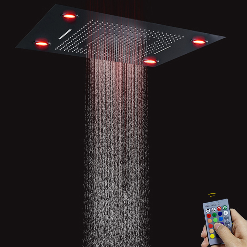 Mezclador de ducha de baño negro mate, 80x60 CM, con Control LED, Panel remoto, ducha de lluvia, cascada, atomización