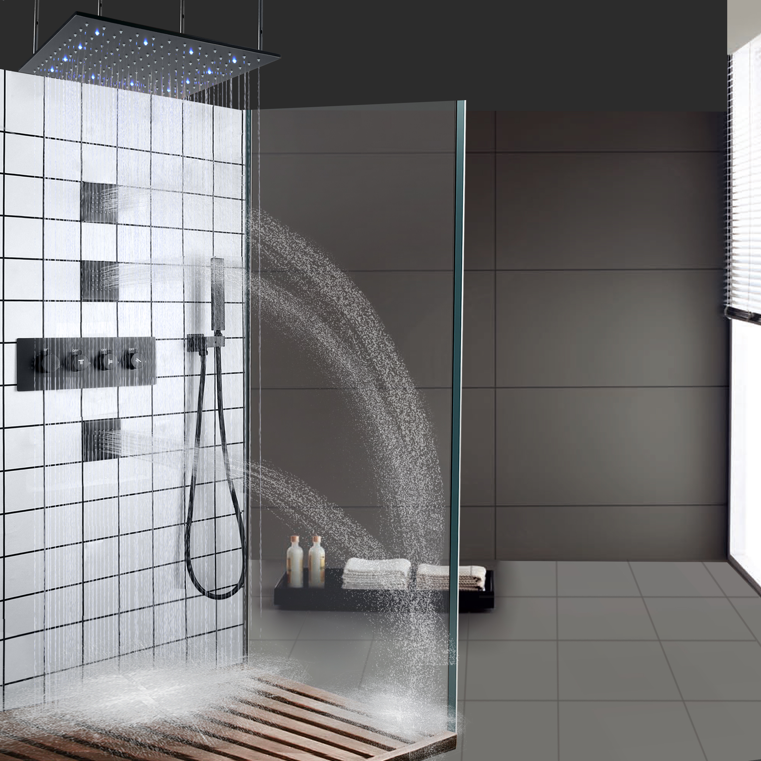 Juego de ducha de masaje de lluvia para techo de baño, grifos de ducha termostáticos LED negros mate