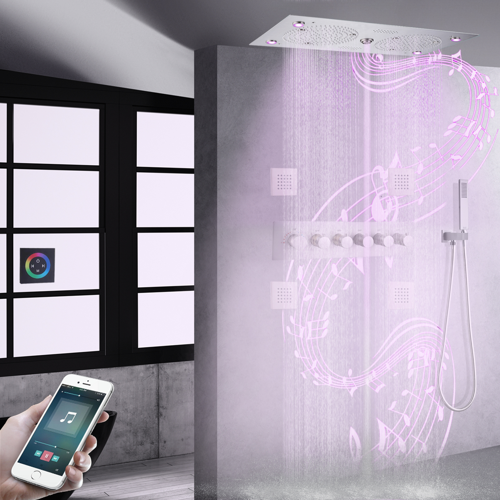 Cabezal de ducha de níquel cepillado empotrado en el techo, baño LED de 620x320mm con música, juego de grifo de ducha