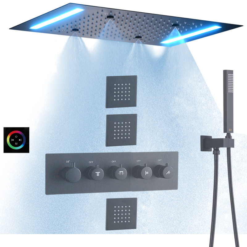 Juego de ducha de lluvia negra mate, sistema de ducha de lluvia con niebla para baño de 14 x 20 pulgadas, termostático LED