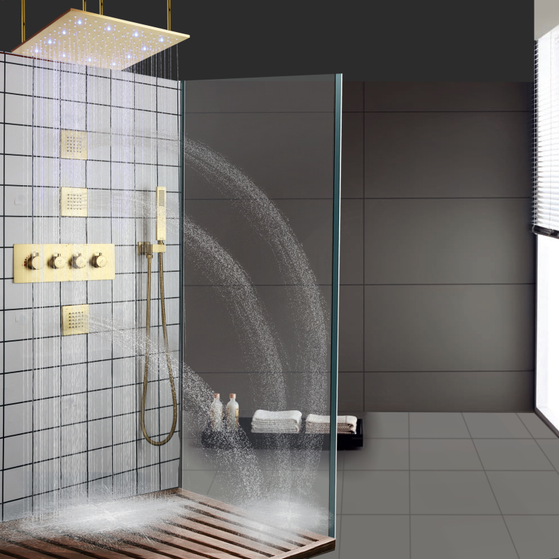 Mezclador de ducha tipo lluvia de Oro pulido, conjunto combinado de ducha termostática LED para baño de 20 pulgadas con boquilla de mano