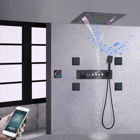 Grifo de ducha de baño LED negro mate, pantalla Digital termostática de acero inoxidable, cabezal de ducha con función musical