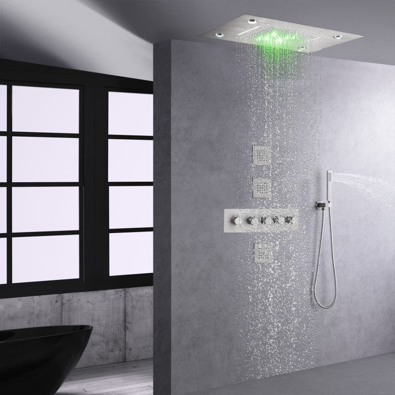 Juego de ducha LED de níquel cepillado, lluvia termostática en cascada con grifos de ducha y baño de mano