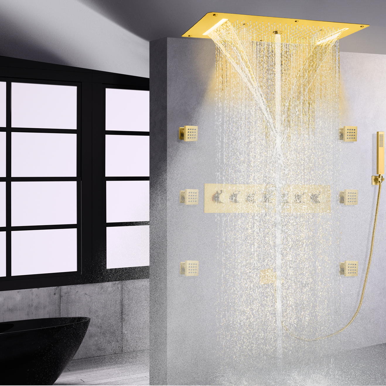 Mezclador de ducha oculto LED de oro cepillado, juego combinado de mano con caño para ducha en cascada y lluvia