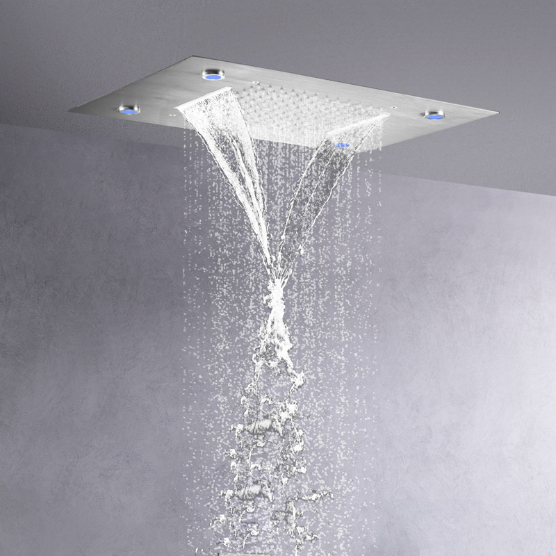 Mezclador de ducha de lluvia de 50x36 CM de níquel cepillado de moda LED 7 colores sistemas de lluvia de cascada bifuncionales para baño