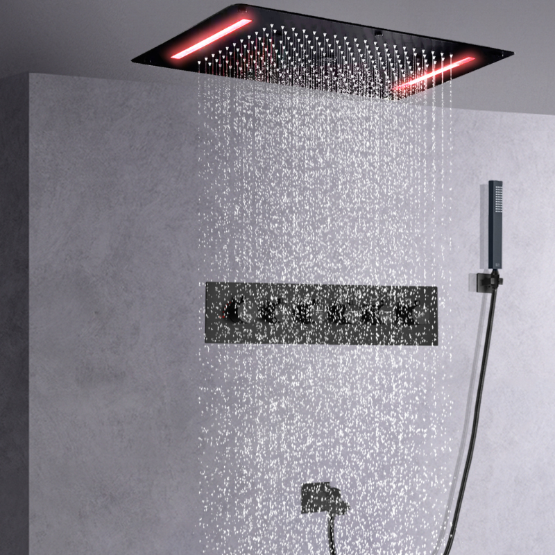 Baño de lujo multifunción LED de gran tamaño 380*700 MM cabezal de ducha negro mate termostático empotrado juego de grifería de ducha de techo