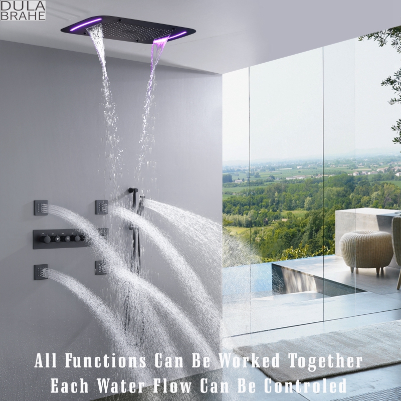 Sistema de ducha termostático negro mate con cabezal de ducha controlado por panel LED, lluvia en cascada