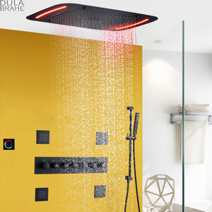 Sistema de ducha termostático negro mate con cabezal de ducha controlado por panel LED, lluvia en cascada