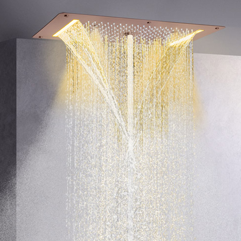 Grifos de ducha marrones 70X38 CM LED baño masaje ducha cascada lluvia atomización burbuja