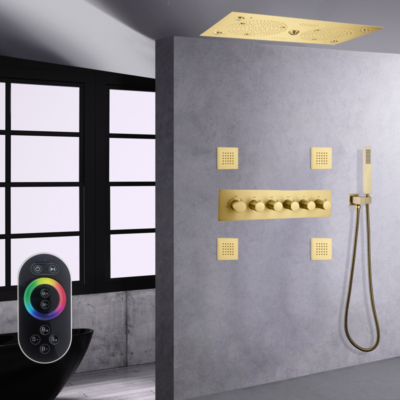 Juego de cabezal de ducha termostático de Oro pulido LED de 620x320mm con funciones musicales, ducha de baño empotrada en el techo