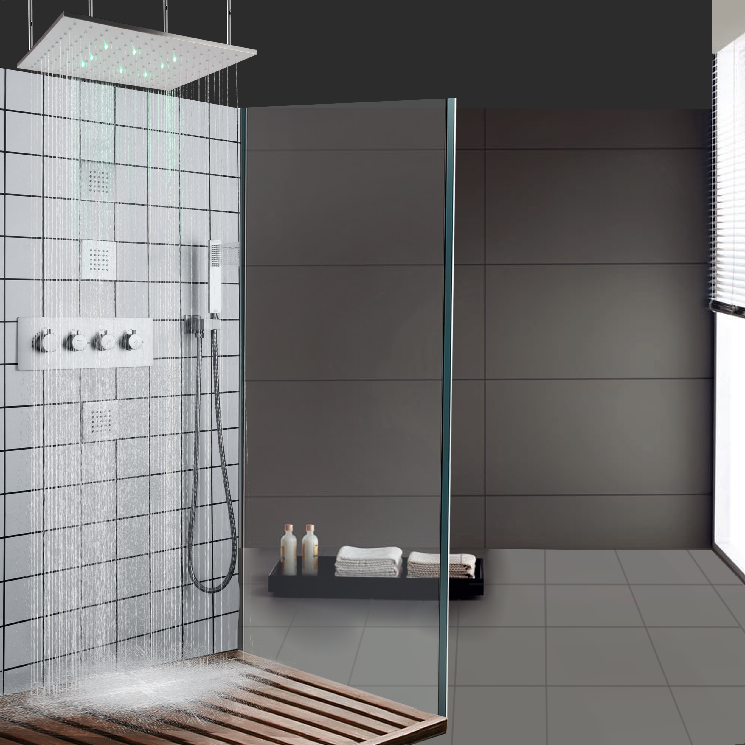 Spa termostático de la ducha del PDA de la lluvia de la pared de los grifos de la ducha del cuarto de baño del LED del níquel cepillado de 16 pulgadas