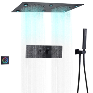 Juego de ducha de baño termostático negro mate, sistema de ducha oculto de lluvia LED de 24x12 pulgadas con mano