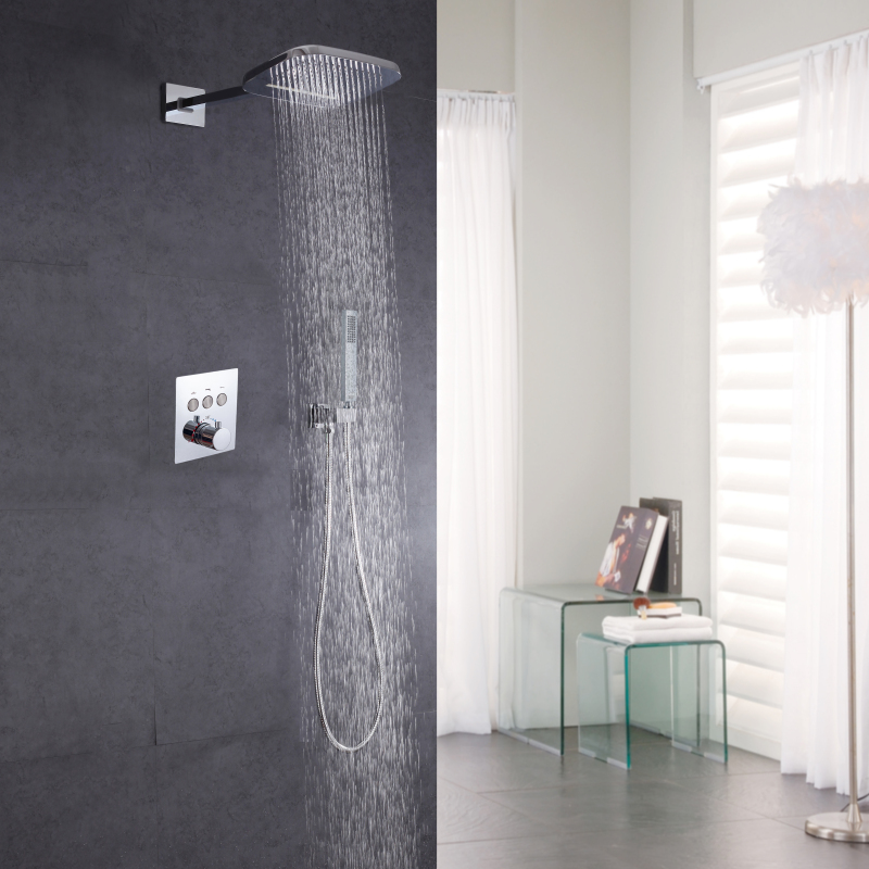 Juego de ducha oculta termostática pulida cromada, grifos de ducha de baño con cabezal de ducha de lluvia y cascada