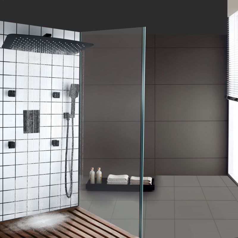 Juego de mezclador de ducha negro mate, cabezal de ducha tipo lluvia termostático para baño de 55x35 CM con orificios de escape