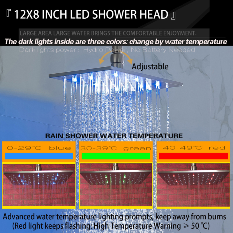 Níquel cepillado 28X18CM cabezal de ducha LED 3 colores cambio de temperatura baño montaje en pared ducha tipo lluvia