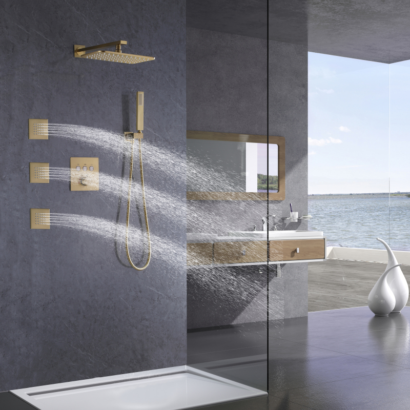 Mezclador termostático de ducha de oro cepillado, 28x18 CM, instalación empotrada en el baño, ducha con pulverizador de lluvia y masaje