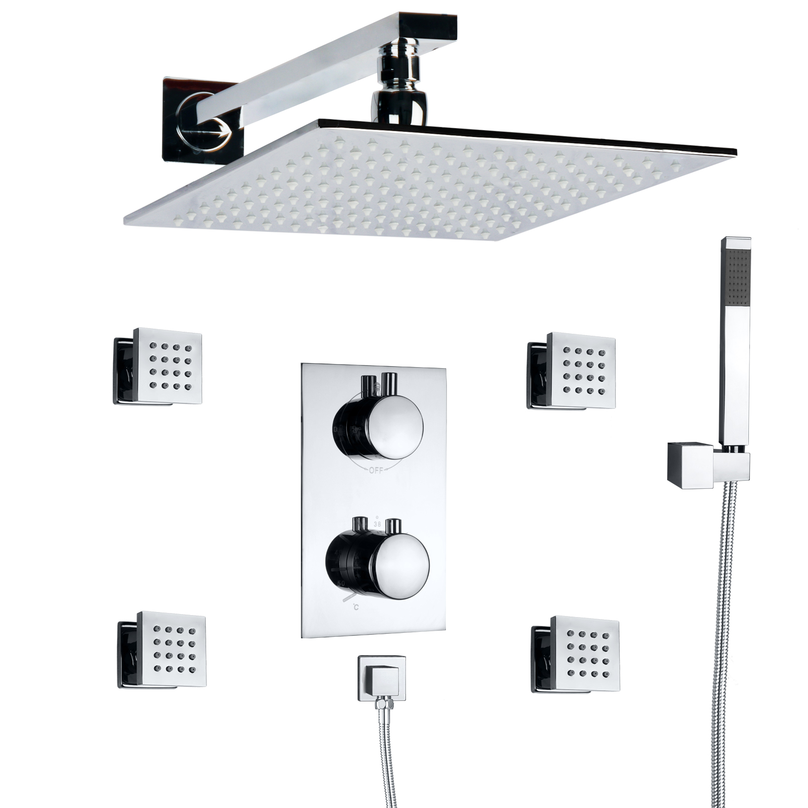 Sistema de ducha termostático de montaje en pared con LED, cromado pulido, sistema de ducha de mano tipo lluvia