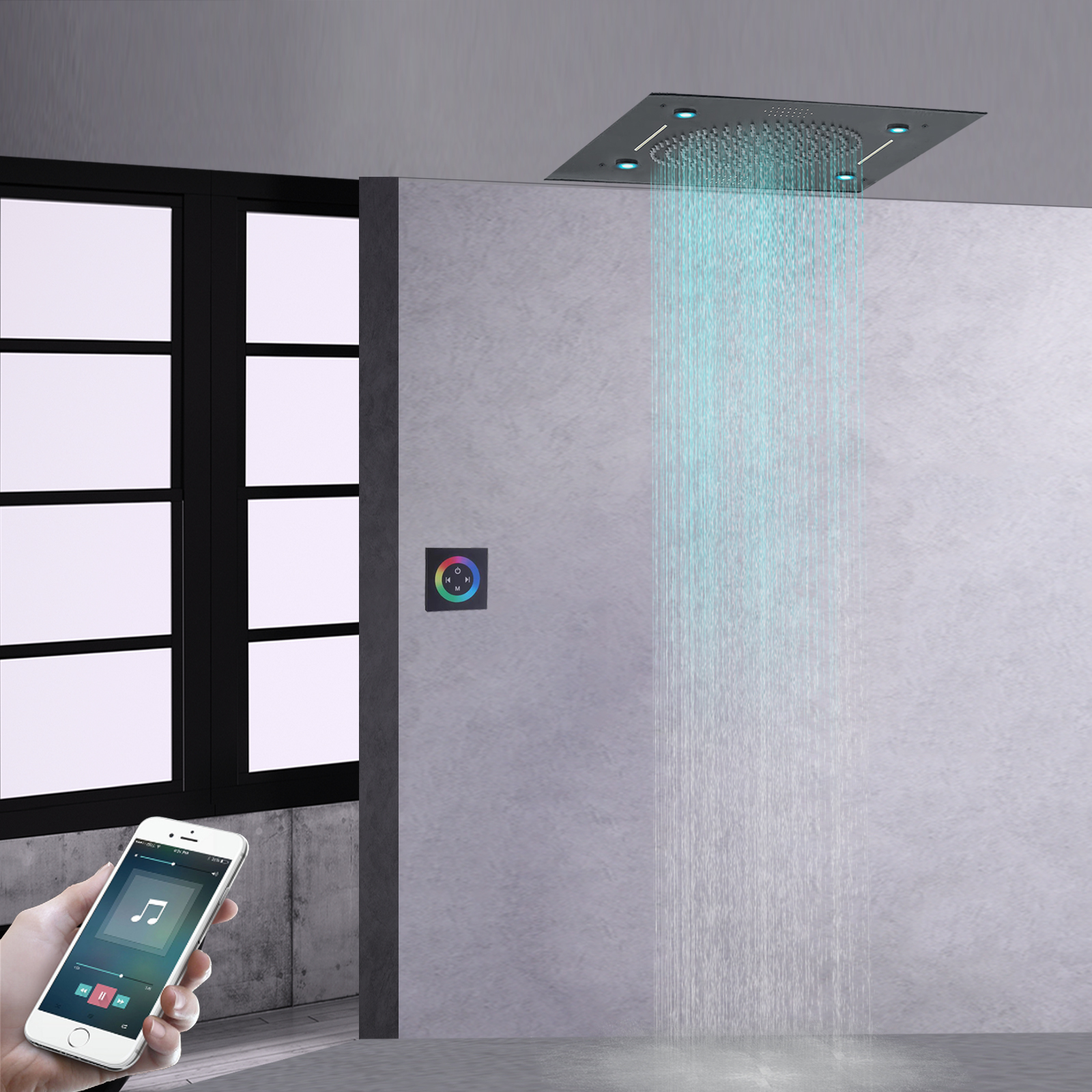 Música inteligente cabezal de ducha multifunción lluvia niebla cascada cortina de agua Control remoto LED ducha de baño