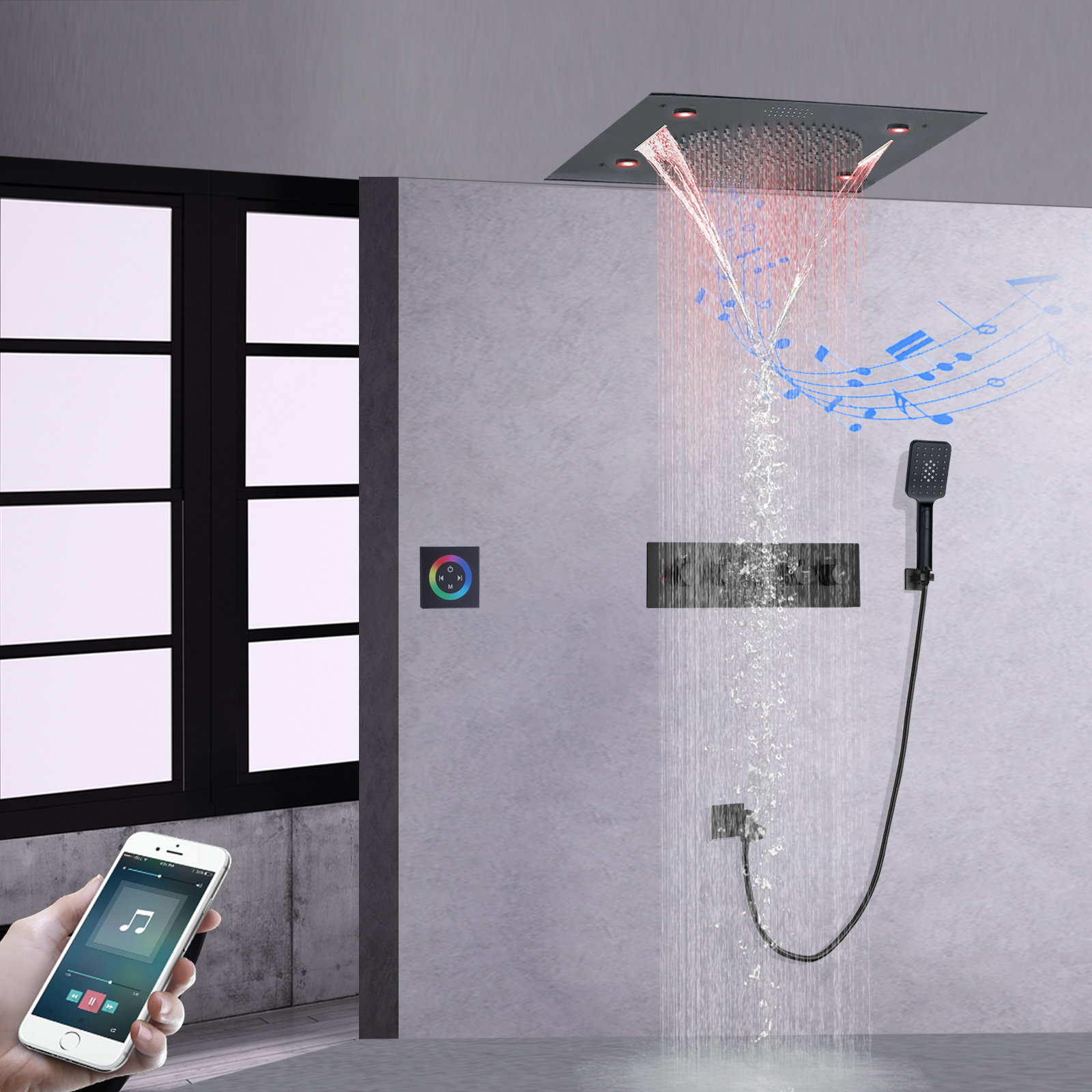 Juego de ducha termostática de 24 pulgadas para baño, techo oculto, lluvia 304sus, cascada, música, cabezal de ducha LED para juego de masaje