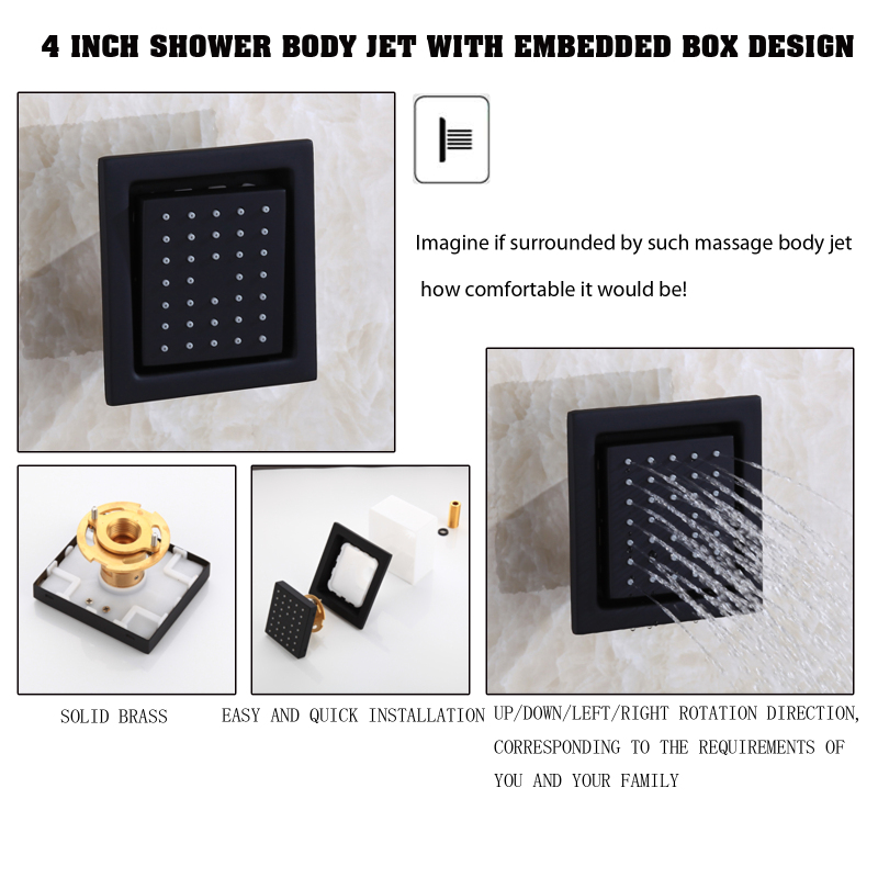 Grifos de ducha de baño negros mate, caja integrada de pared de ducha con rociador lateral ajustable