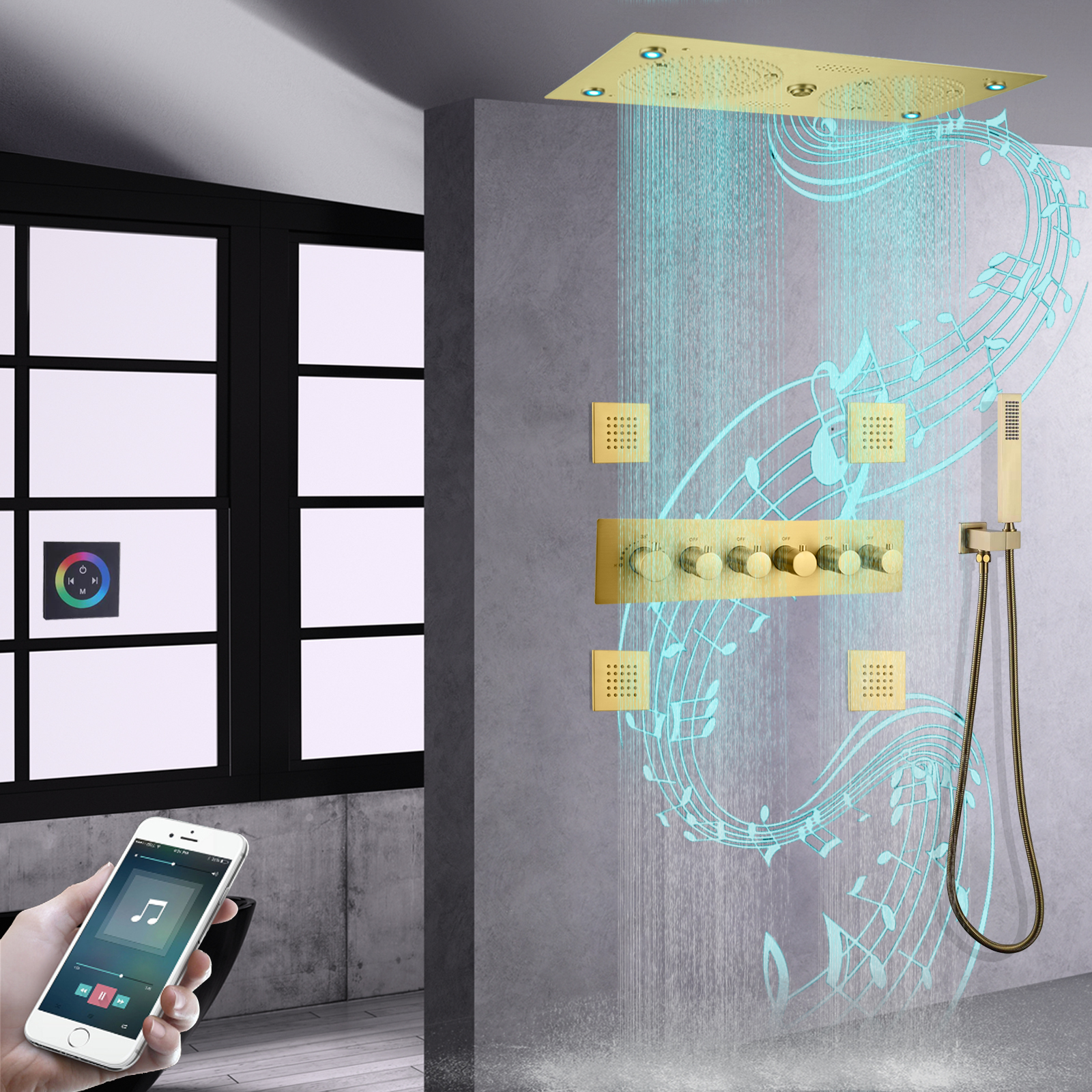 Grifo de ducha termostático LED de Oro pulido, columna de niebla de lluvia con características musicales, ducha de mano de latón