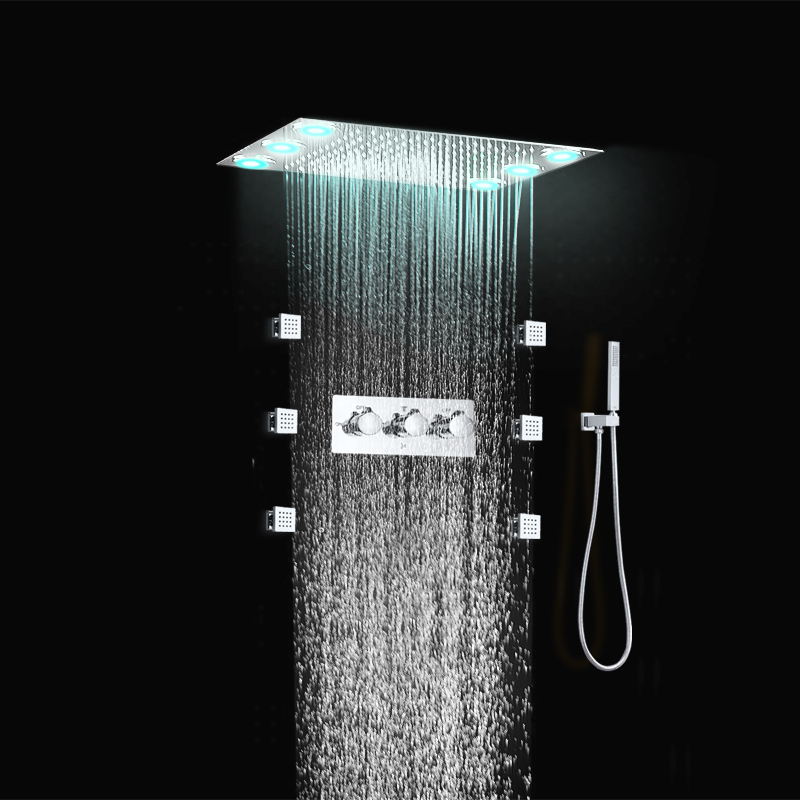 Cabezal de ducha tipo lluvia empotrado, juego de ducha cuadrado led, 6 chorros corporales, accesorios de baño de acero inoxidable 304, ducha de mano