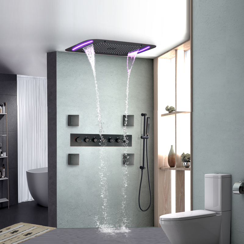Sistema de ducha termostática de bronce frotado con aceite, juego de ducha multifunción LED para baño de 71x43 CM con panel de Control LED