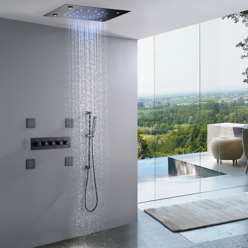 Juego de grifos de baño y ducha, sistema de ducha termostático LED de lujo, cabezal de ducha de lluvia oculto de 14x20 pulgadas, color negro mate