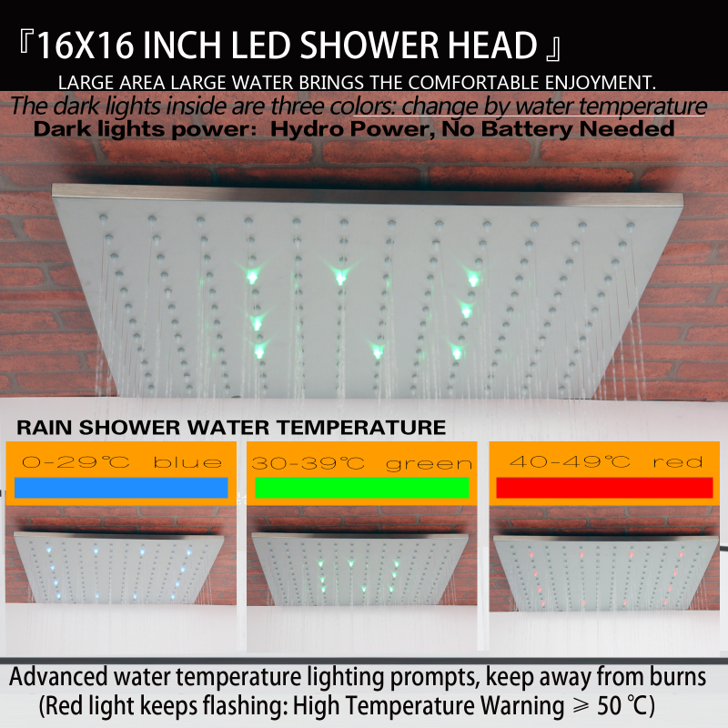 Juego de grifería de ducha termostática de níquel cepillado, soporte de cabezal de ducha ajustable para baño LED de 16 pulgadas con boquilla de mano