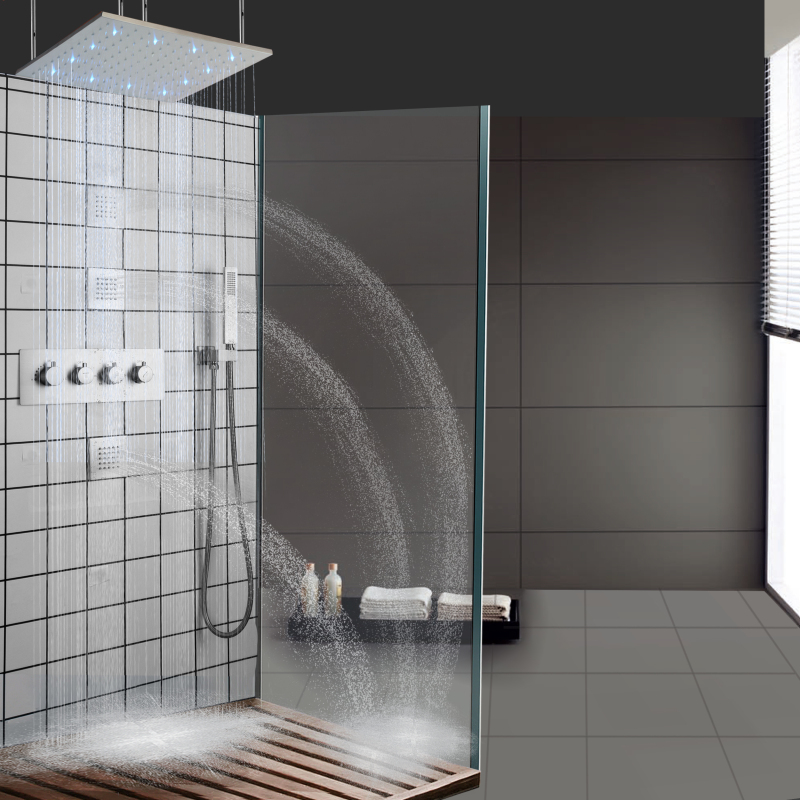 Mezclador de ducha termostático de níquel cepillado, sistema de ducha oculto tipo lluvia LED de 20 pulgadas con ducha de mano