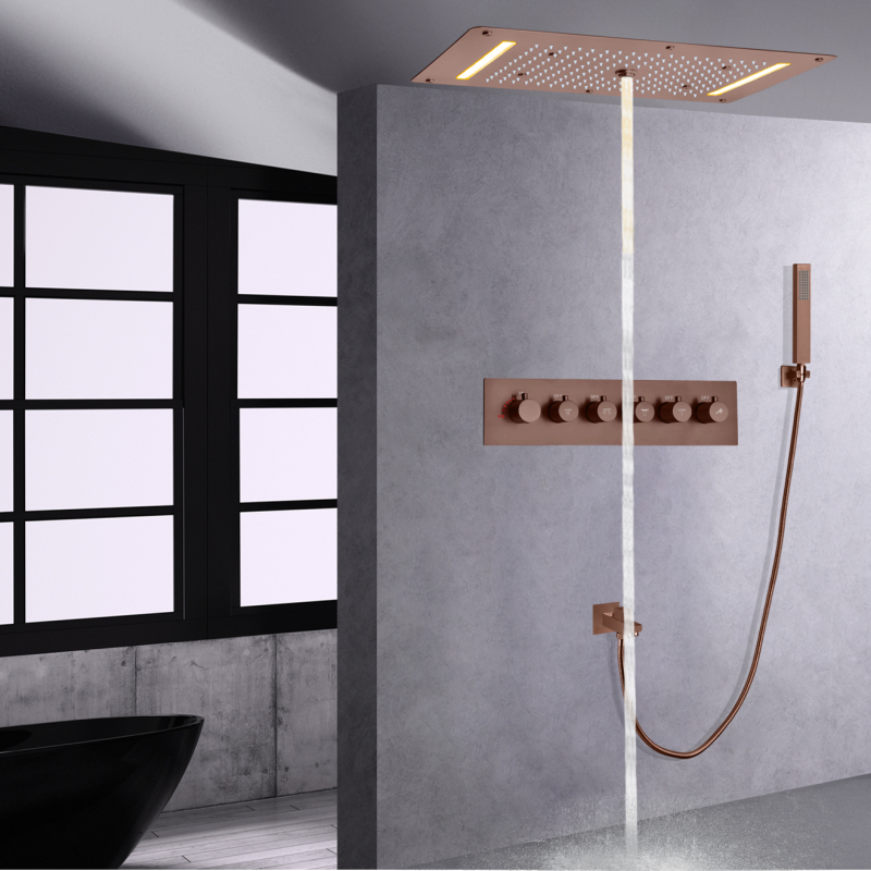 Bañera termostática, sistema de ducha oculto, LED de 700x380 MM, cabezal de ducha marrón con rociador de mano