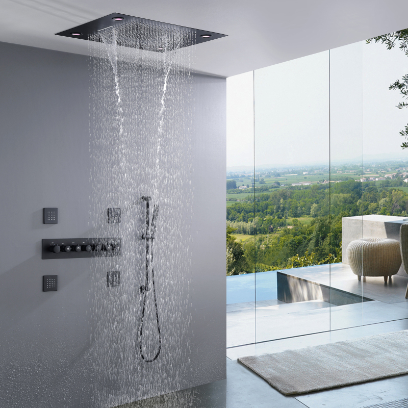 Cabezal de ducha termostático LED negro oculto con chorros de pulverización de mano lluvia en cascada para baño