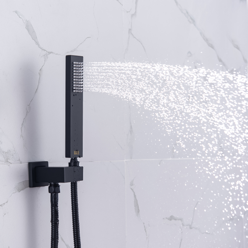 Cabezal de ducha de lluvia negro con rociador de mano montado en la pared Sistema de ducha de lluvia LED termostático de 8X12 pulgadas chorro de masaje de latón