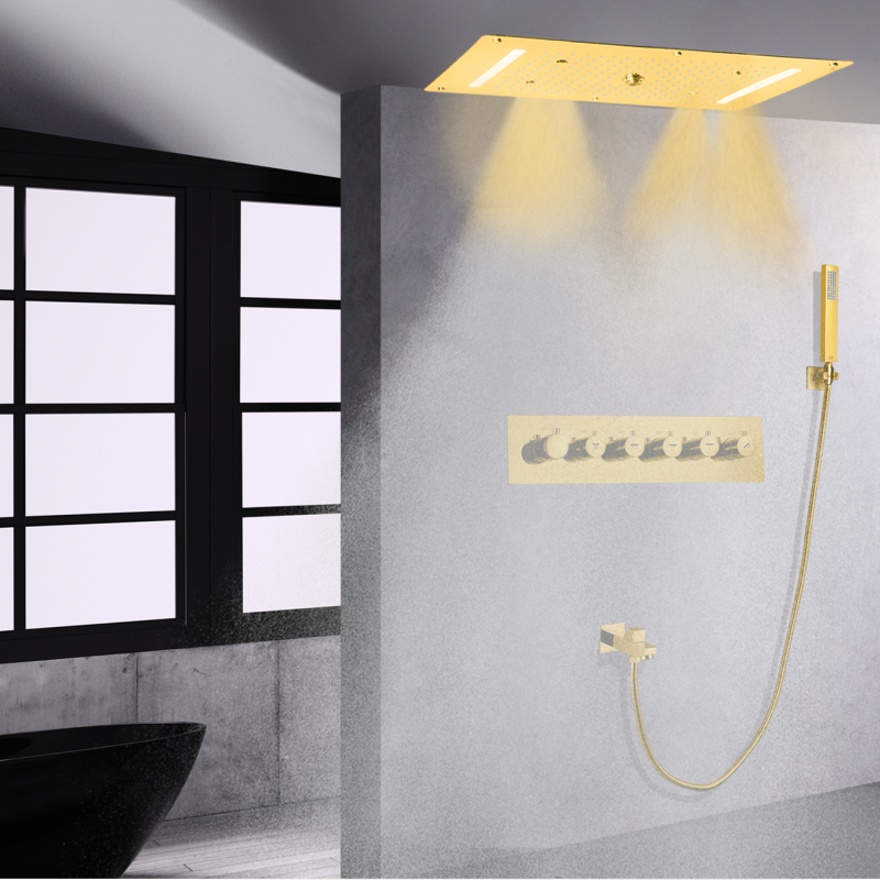 Grifo de ducha termostático de flujo grande pulido dorado, conjunto combinado de ducha de cascada con burbujas superiores