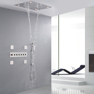 Grifo de ducha de níquel cepillado, juego de ducha termostática LED para baño con sistema de ducha tipo lluvia con chorros corporales