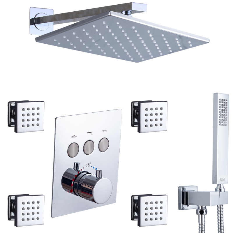 Mezclador termostático de ducha tipo lluvia LED, cabezal de ducha pulido cromado montado en la pared para Baño