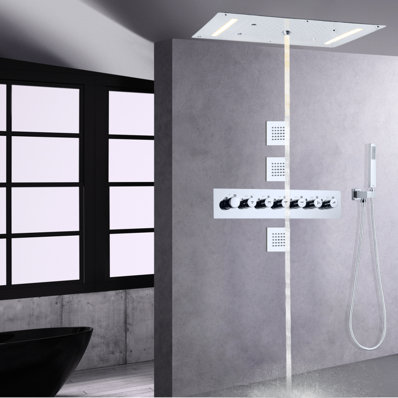 Juego de grifo de ducha termostático cromado 700X380 MM LED lujoso baño cascada lluvia