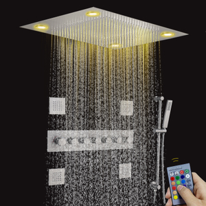 Níquel cepillado termostático 24 x 31 pulgadas control remoto LED panel masaje ducha conjunto cascada lluvia