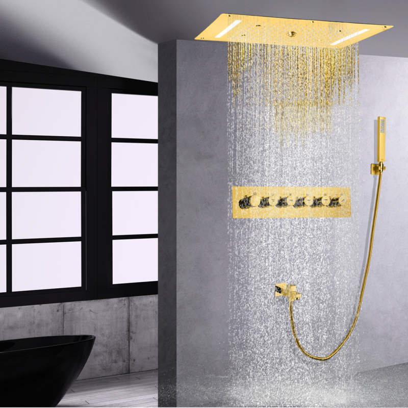 Sistema de ducha termostática para baño LED de 700x380 mm con cabezal de ducha de lluvia pulido en oro con rociador de mano