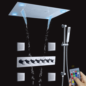 Cabezal de ducha de lluvia de techo con control remoto LED de níquel cepillado de 24 x 31 pulgadas con rociador termostático de mano