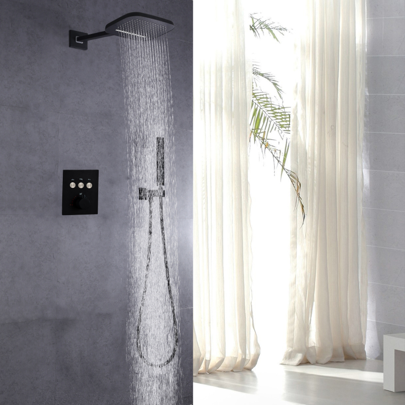 Termostático en juego de ducha empotrada tipo lluvia montado en la pared, soporte de mano en cascada de lluvia negro mate