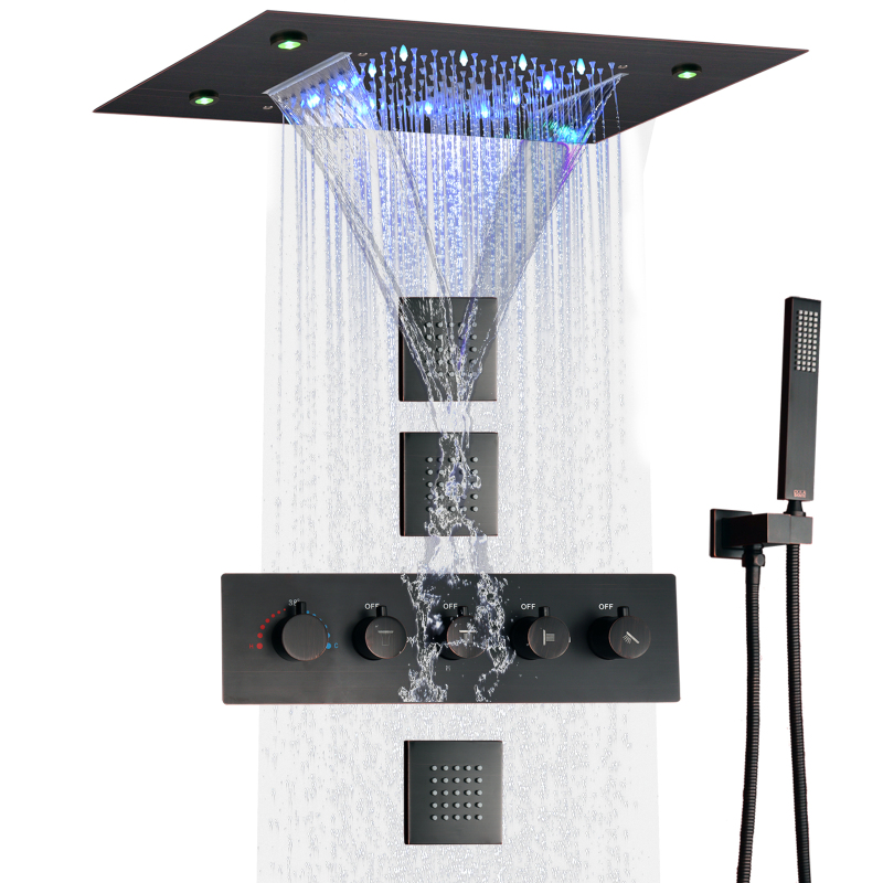 Juego de ducha de lluvia de bronce frotado con aceite, sistema de cabezal de ducha de cascada de 14X20 pulgadas, lujoso baño termostático LED, ducha de baño
