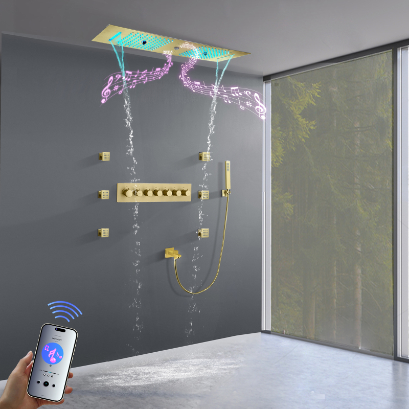 Panel de ducha de gran flujo, sistema de ducha de lluvia con música LED multifuncional, sistema de masaje, drenaje de agua, Pilar de ducha de bañera dorada