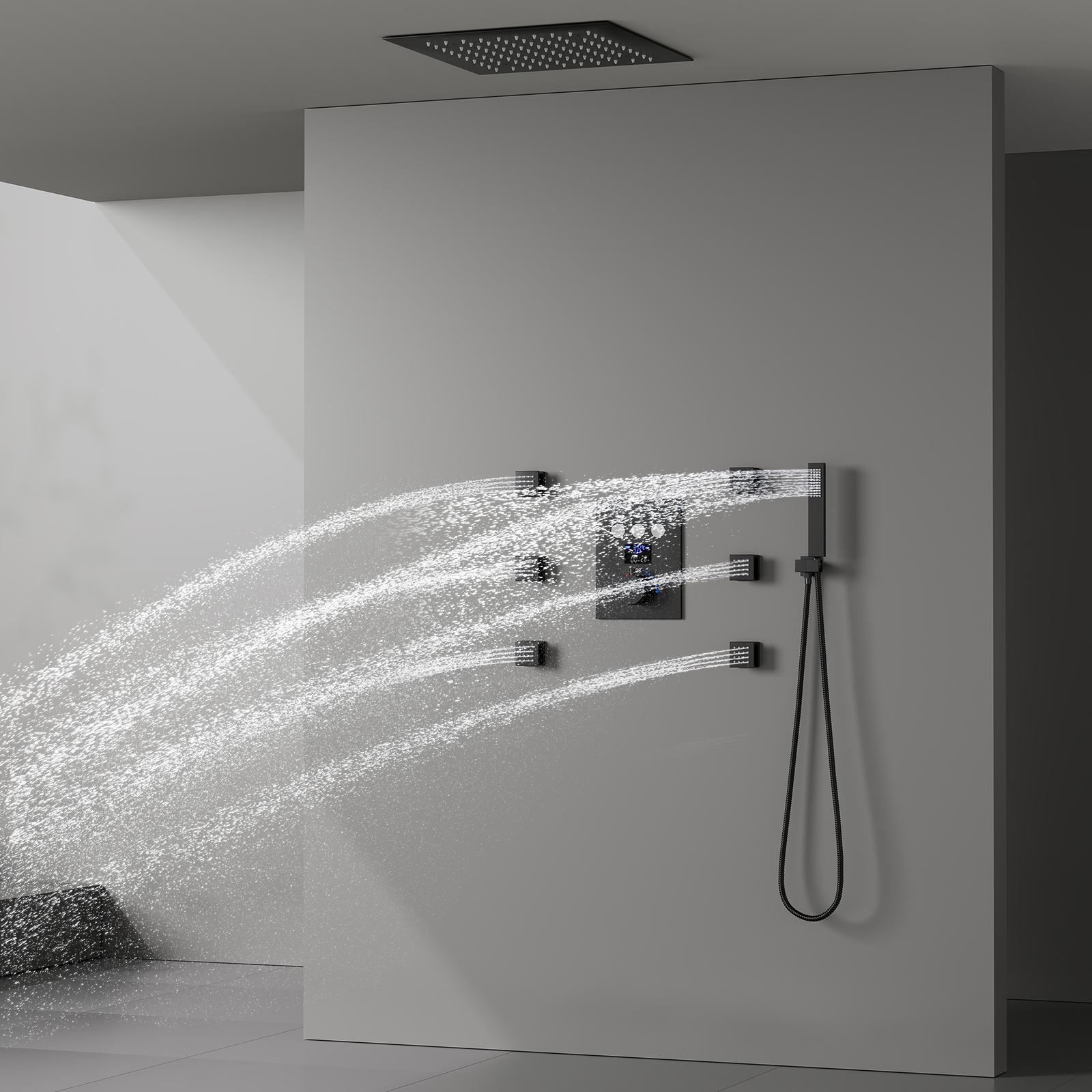 Termostato 64 LED Color Sistema de ducha tipo lluvia 3 botones de función Pantalla digital Válvulas de ducha Juego de grifos
