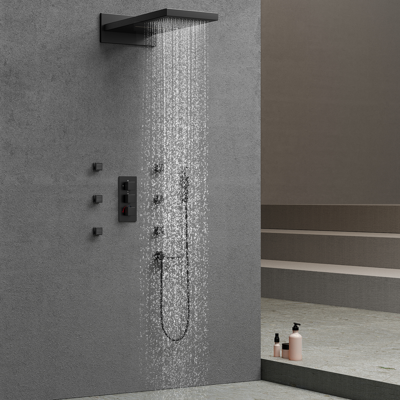 Juego de cabezal de ducha negro, medidor de lluvia, grifo de latón montado en la pared para baño, sistema de grifo de ducha en cascada para bañera